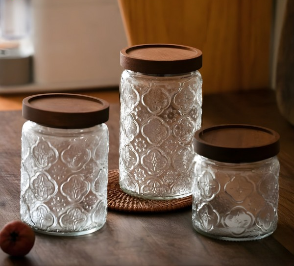Hũ thủy tinh hoa văn dáng tròn 500ml, 700ml, 1000ml
